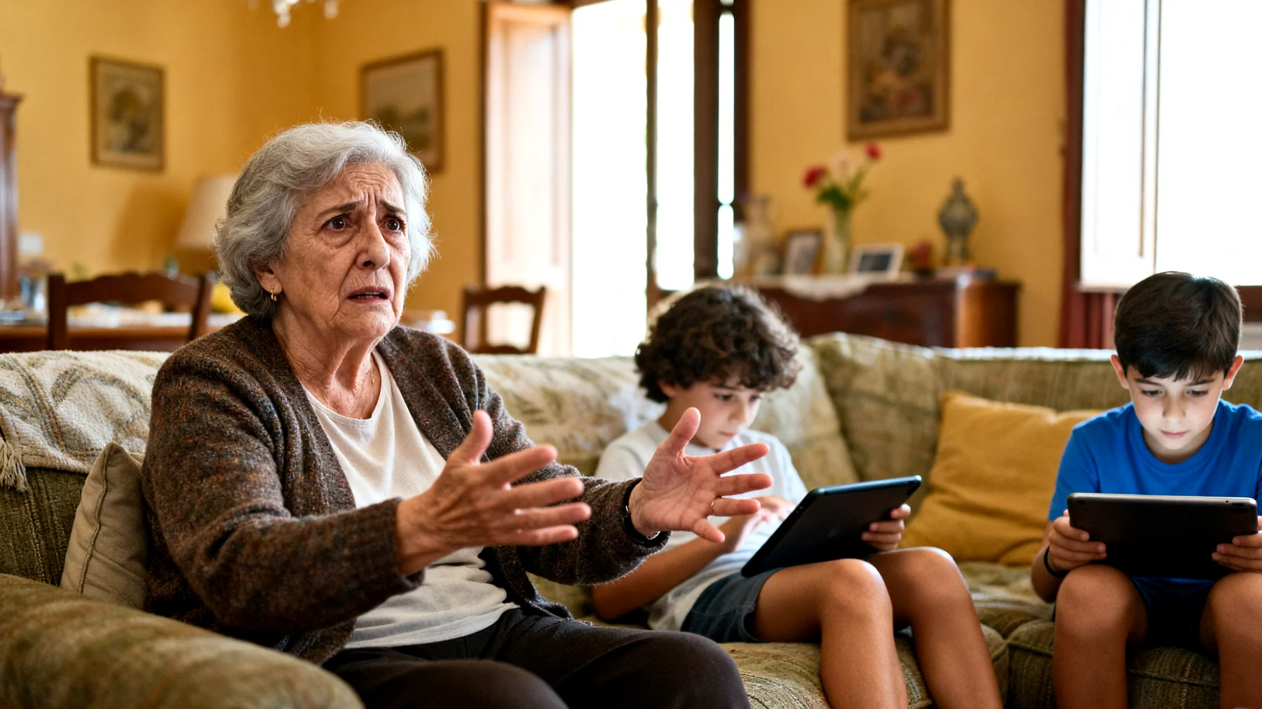 La nonna fatica a gestire il tempo che i nipoti bambini trascorrono davanti agli schermi (smartphone, tablet, TV, videogiochi) quando sono affidati a lei, creando tensioni con i genitori sulle regole da applicare e sensi di colpa per non riuscire a coinvolgerli in attività alternative."