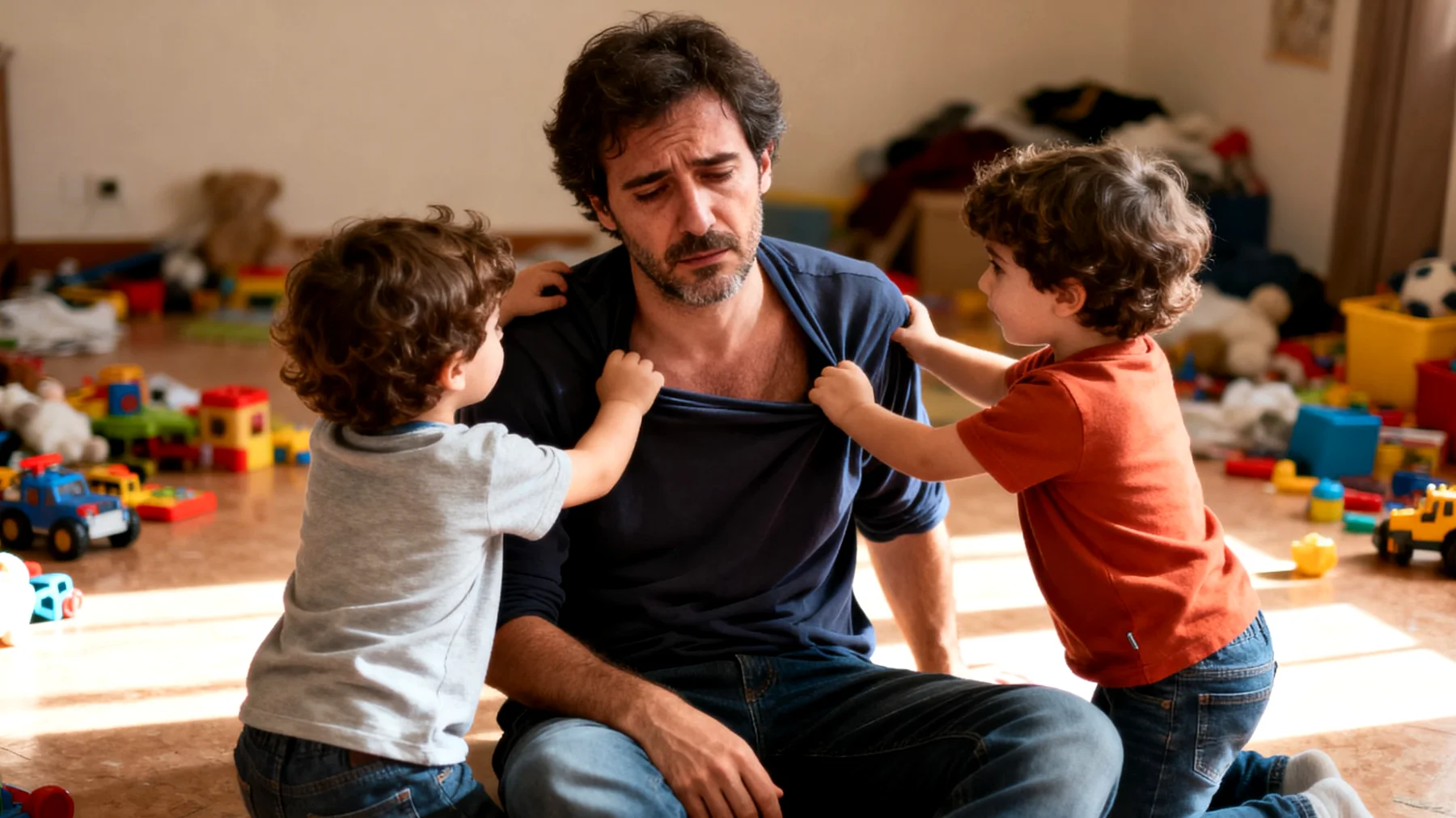 Un papà che fatica a stabilire regole e confini con i suoi bambini piccoli per paura di deluderli o farli soffrire, finendo per cedere sempre alle loro richieste e capricci"